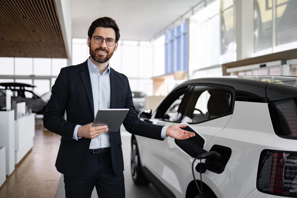 Dealer sells electric car in vehicle dealership